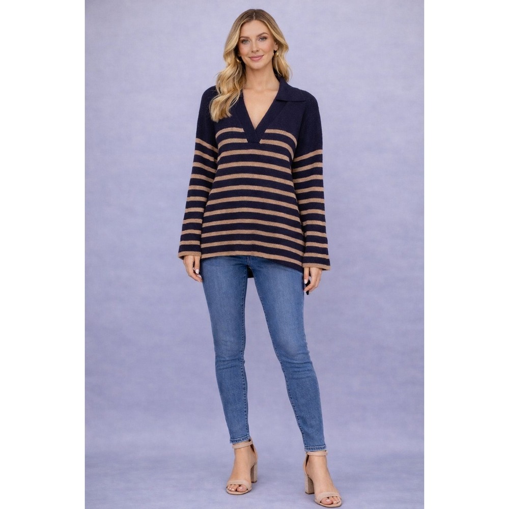 RAILS Sweater Navy Tan Stripe Merino Wool Cashmere Blend S/M‎ Top Women's V-Neck